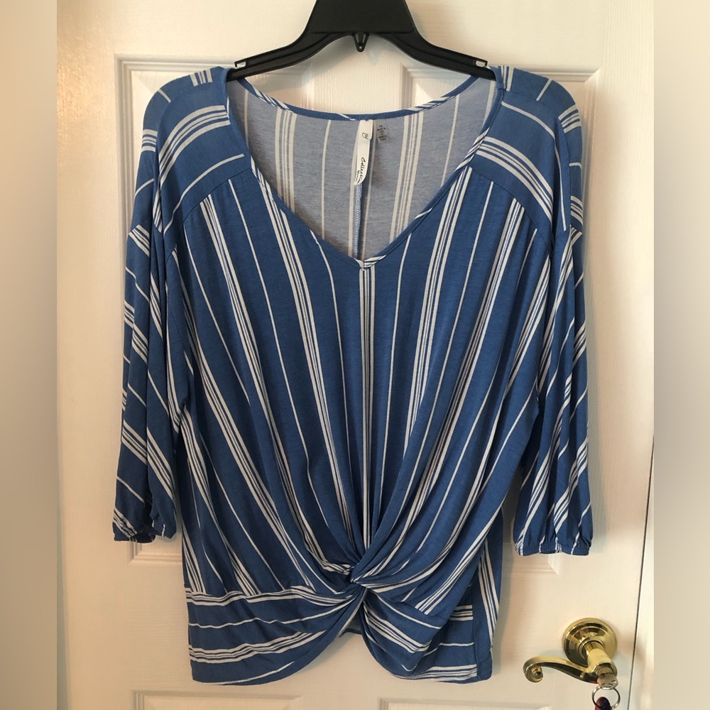Blue Striped Twist-Front V-Neck Top
